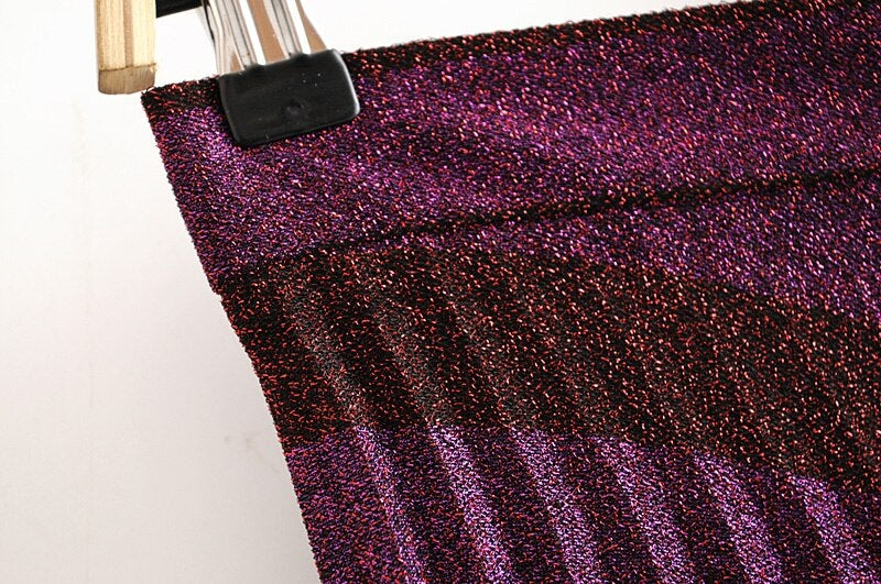 Elegant Knitting Bronzing Stripe Zipper High Waist Mid Calf Skirts Mssza