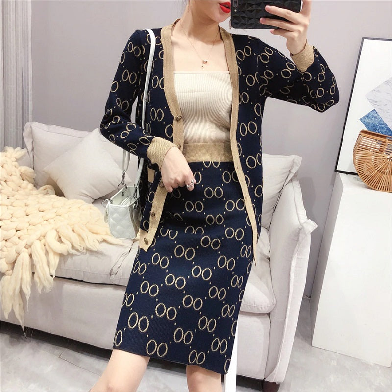 Elegant Knitting V-neck Jacket And Skirt Suits Mssza