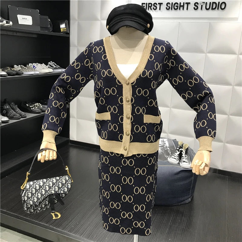 Elegant Knitting V-neck Jacket And Skirt Suits Mssza