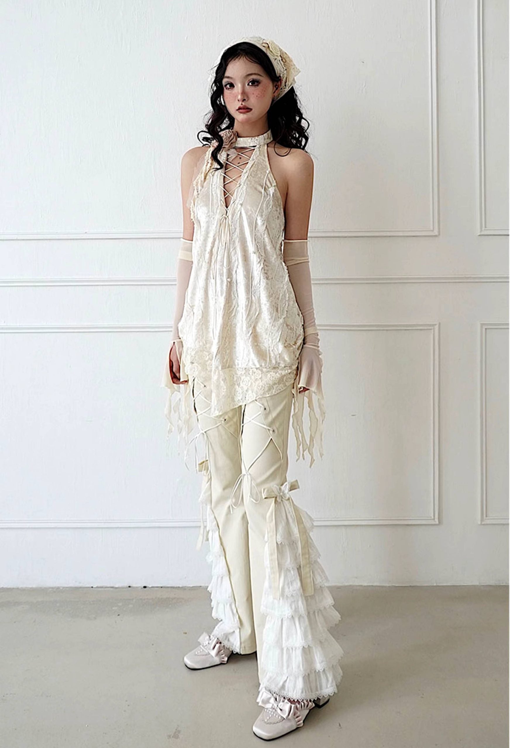 Elegant Lace Bandage Stitching High Waist Gothic Pants Mssza