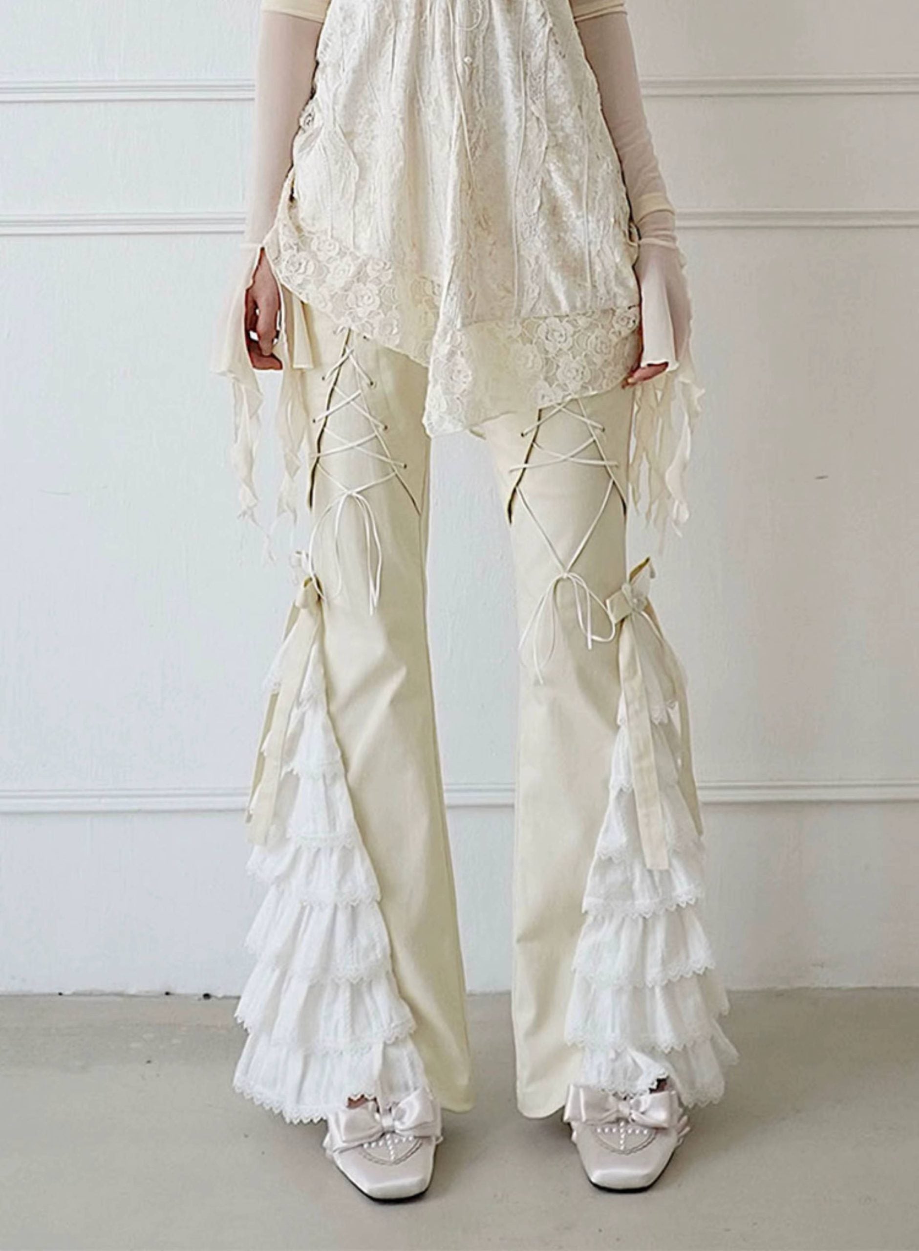 Elegant Lace Bandage Stitching High Waist Gothic Pants Mssza