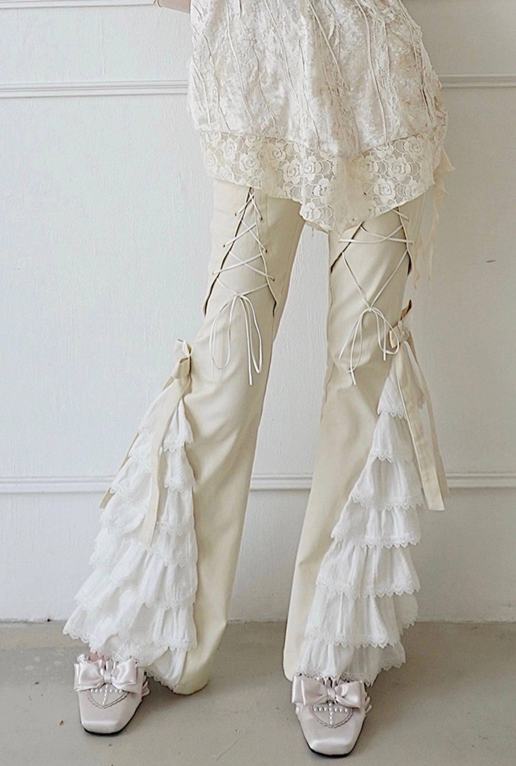 Elegant Lace Bandage Stitching High Waist Gothic Pants Mssza