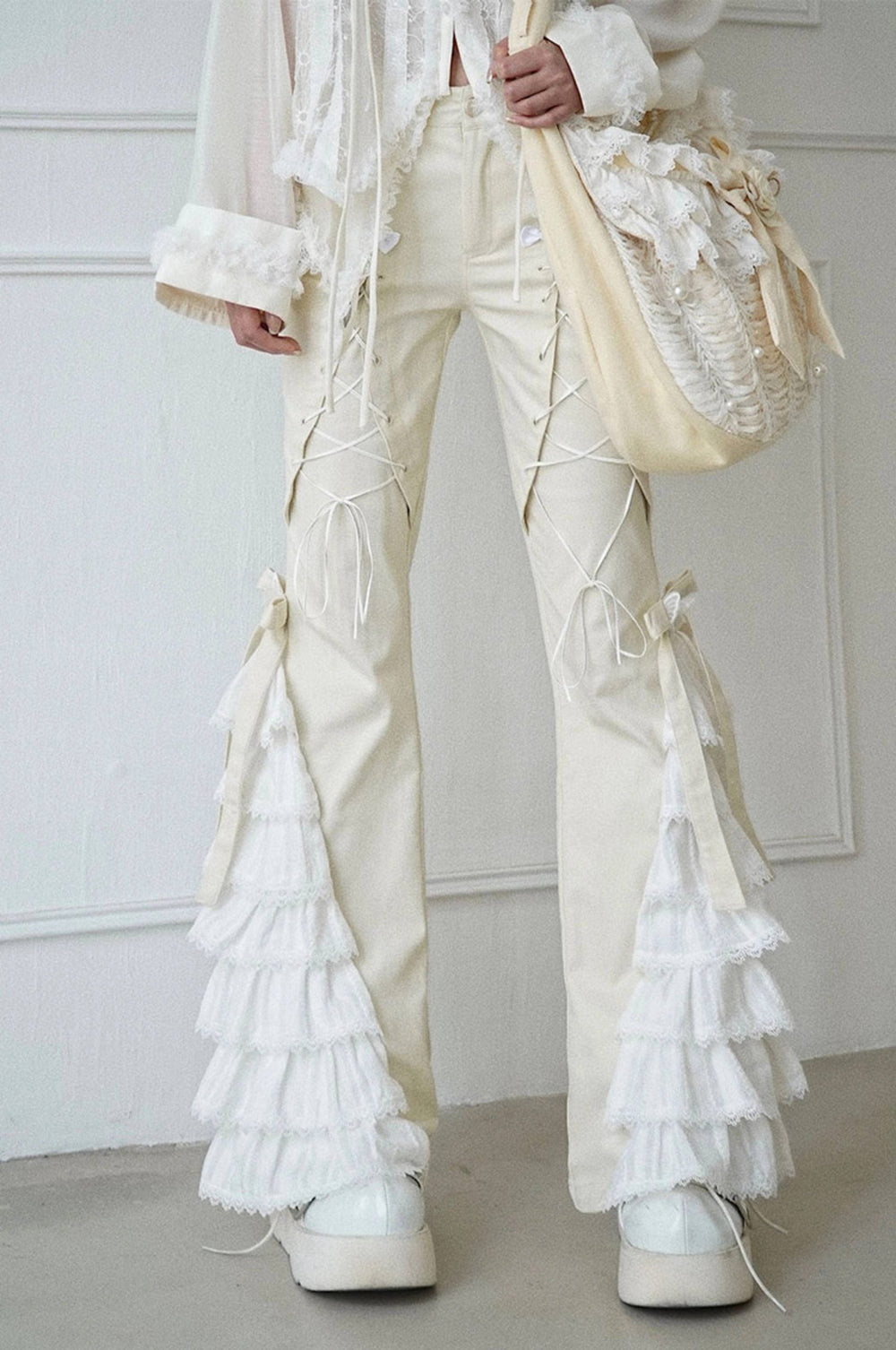 Elegant Lace Bandage Stitching High Waist Gothic Pants Mssza