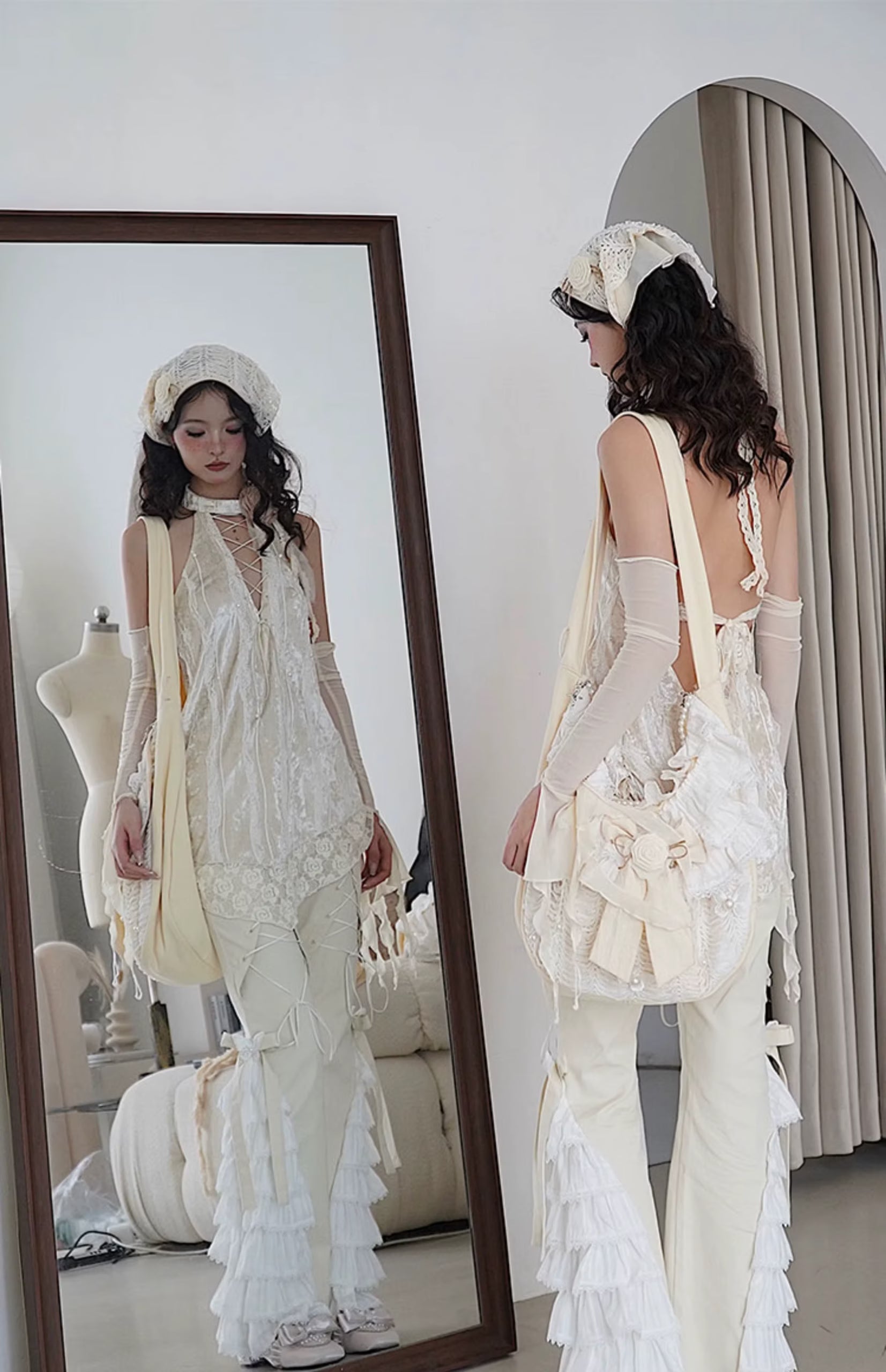 Elegant Lace Bandage Stitching High Waist Gothic Pants Mssza