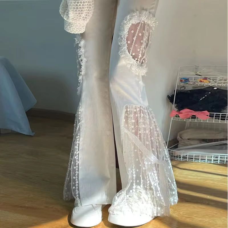 Elegant Lace Cut Out Spliced Pocket Lacework High Waist Flare Pants Mssza