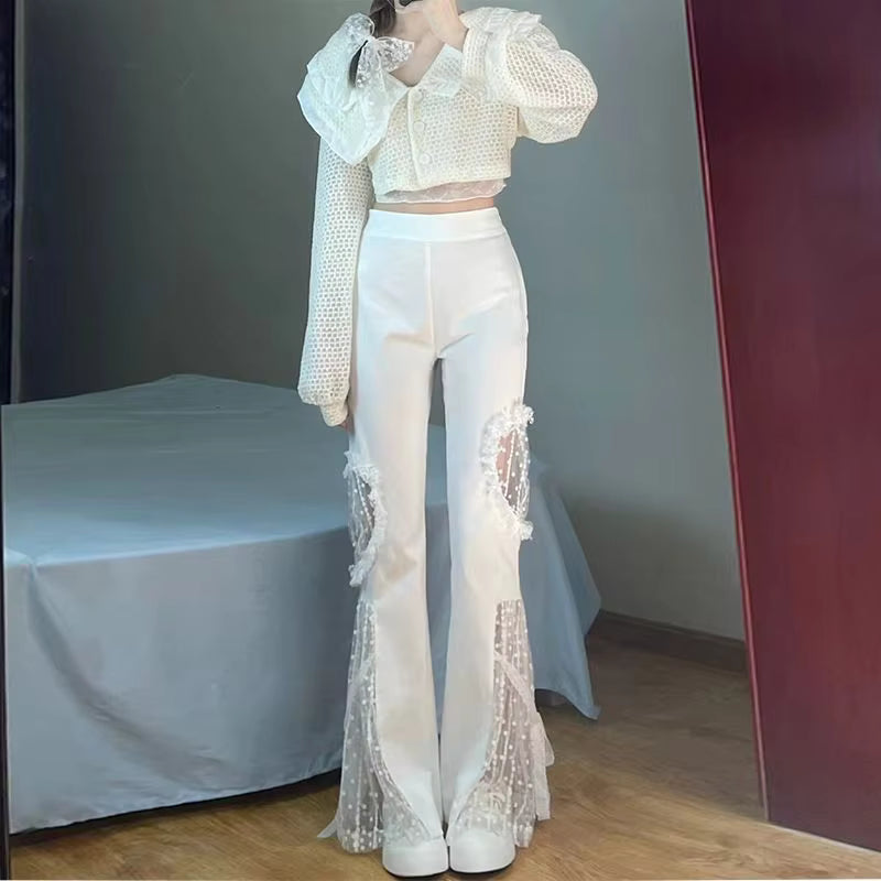 Elegant Lace Cut Out Spliced Pocket Lacework High Waist Flare Pants Mssza