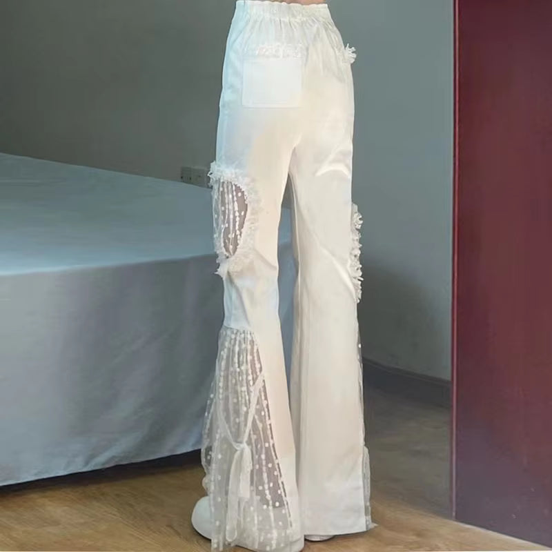 Elegant Lace Cut Out Spliced Pocket Lacework High Waist Flare Pants Mssza