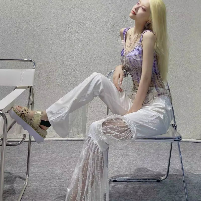 Elegant Lace Cut Out Spliced Pocket Lacework High Waist Flare Pants Mssza