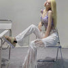 Elegant Lace Cut Out Spliced Pocket Lacework High Waist Flare Pants Mssza