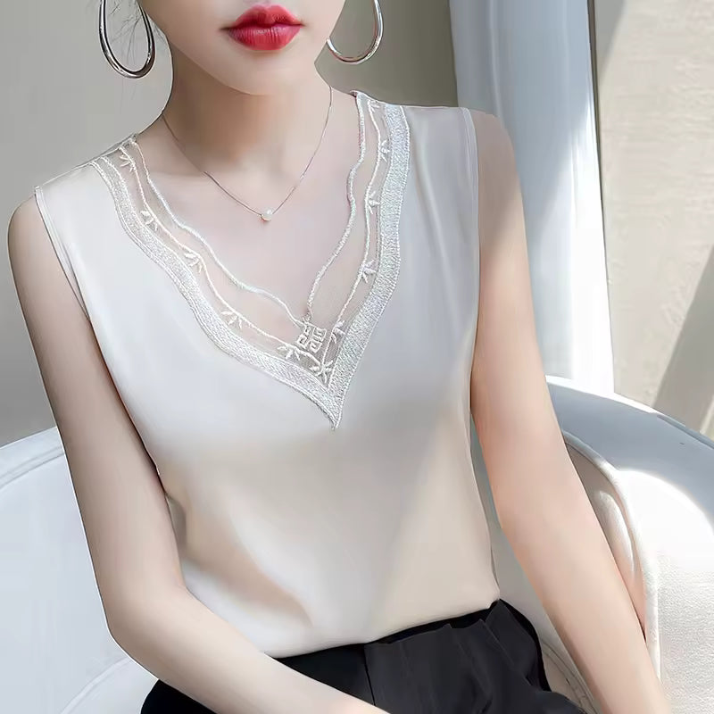 Elegant Lace Daily Wear Loose Satin Sleeveless Tank Tops Mssza