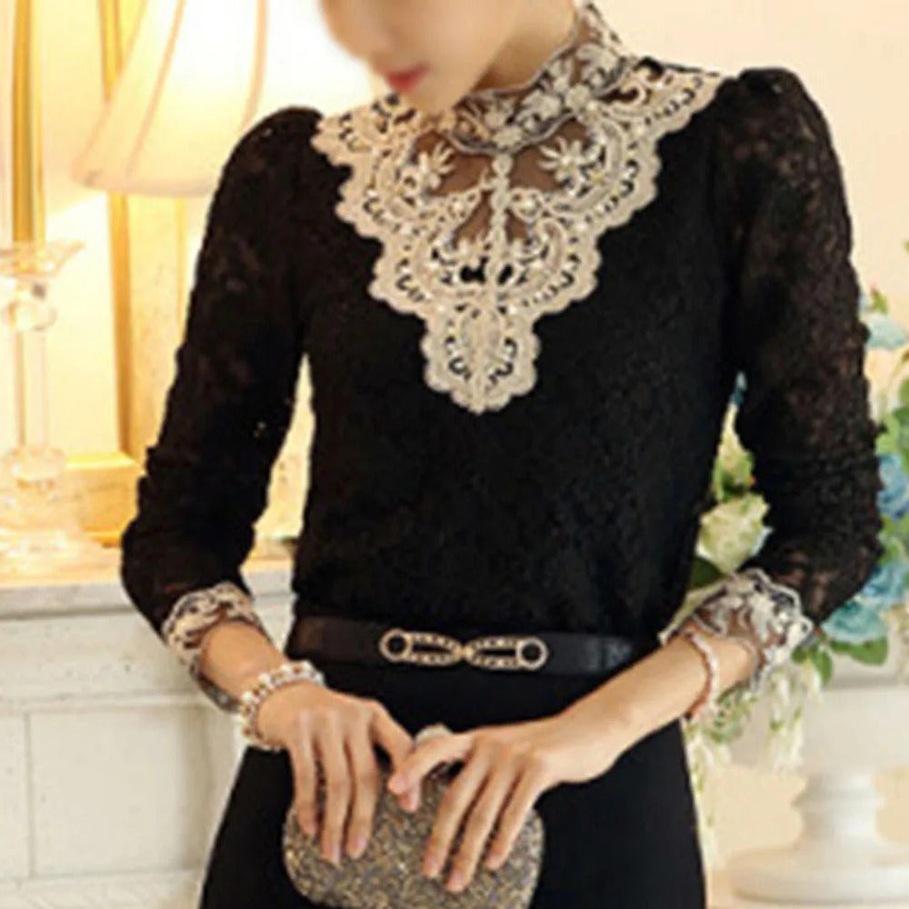 Elegant Lace Flower Hollow Formal Embroidery Long Sleeve Blouse Shirts Mssza
