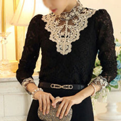 Elegant Lace Flower Hollow Formal Embroidery Long Sleeve Blouse Shirts Mssza