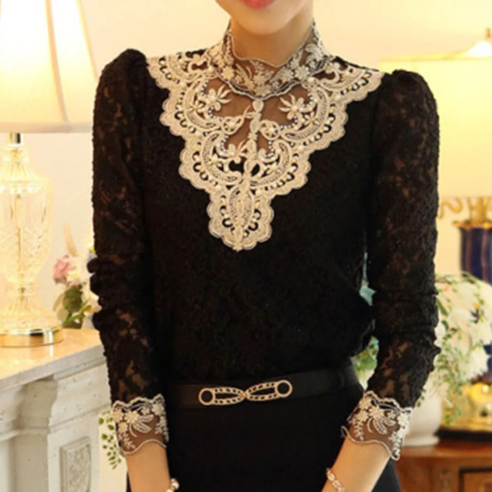 Elegant Lace Flower Hollow Formal Embroidery Long Sleeve Blouse Shirts Mssza