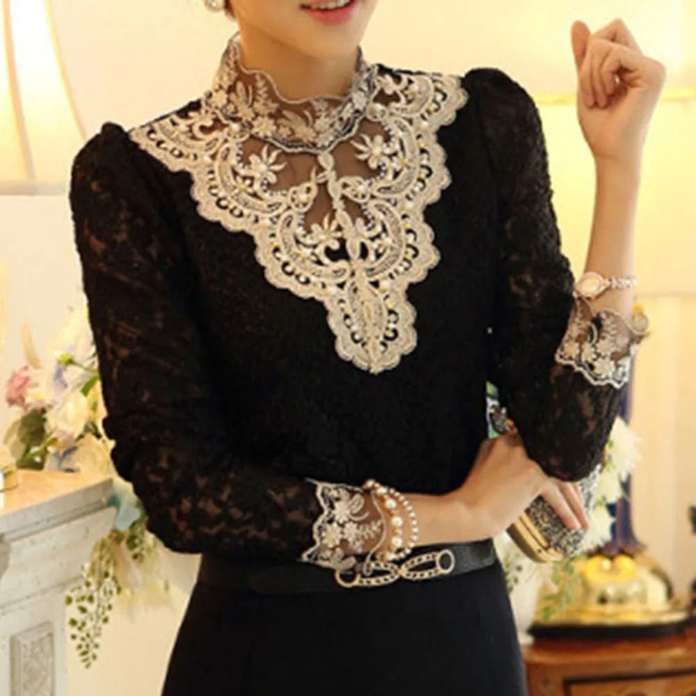 Elegant Lace Flower Hollow Formal Embroidery Long Sleeve Blouse Shirts Mssza