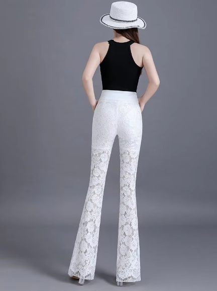 Elegant Lace High Waist Hollow Out Thin Flare Pants Mssza