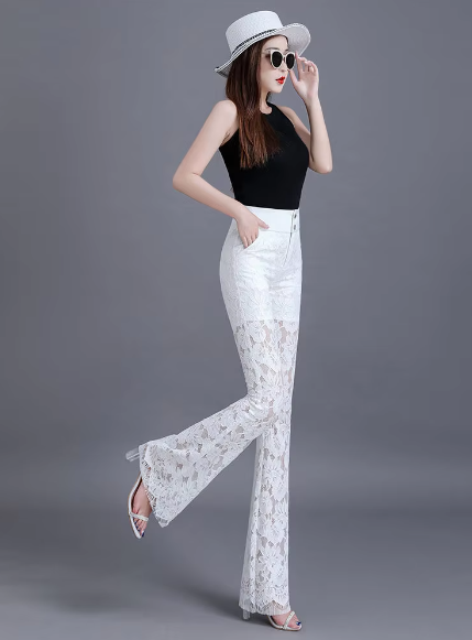 Elegant Lace High Waist Hollow Out Thin Flare Pants Mssza