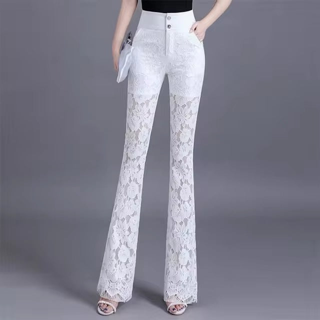 Elegant Lace High Waist Hollow Out Thin Flare Pants Mssza