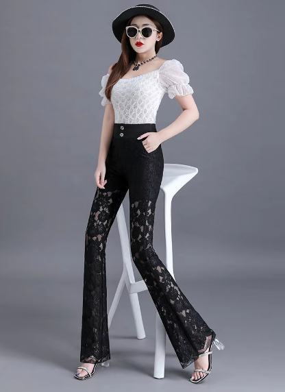 Elegant Lace High Waist Hollow Out Thin Flare Pants Mssza