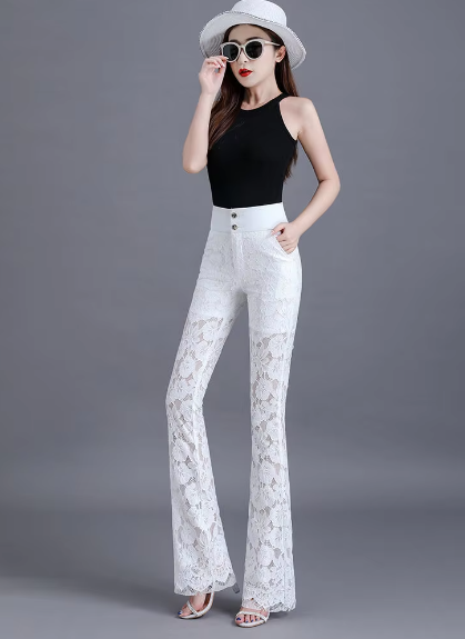 Elegant Lace High Waist Hollow Out Thin Flare Pants Mssza