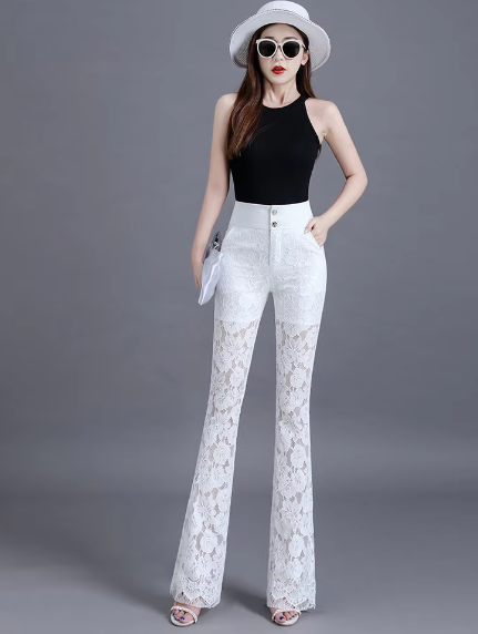 Elegant Lace High Waist Hollow Out Thin Flare Pants Mssza