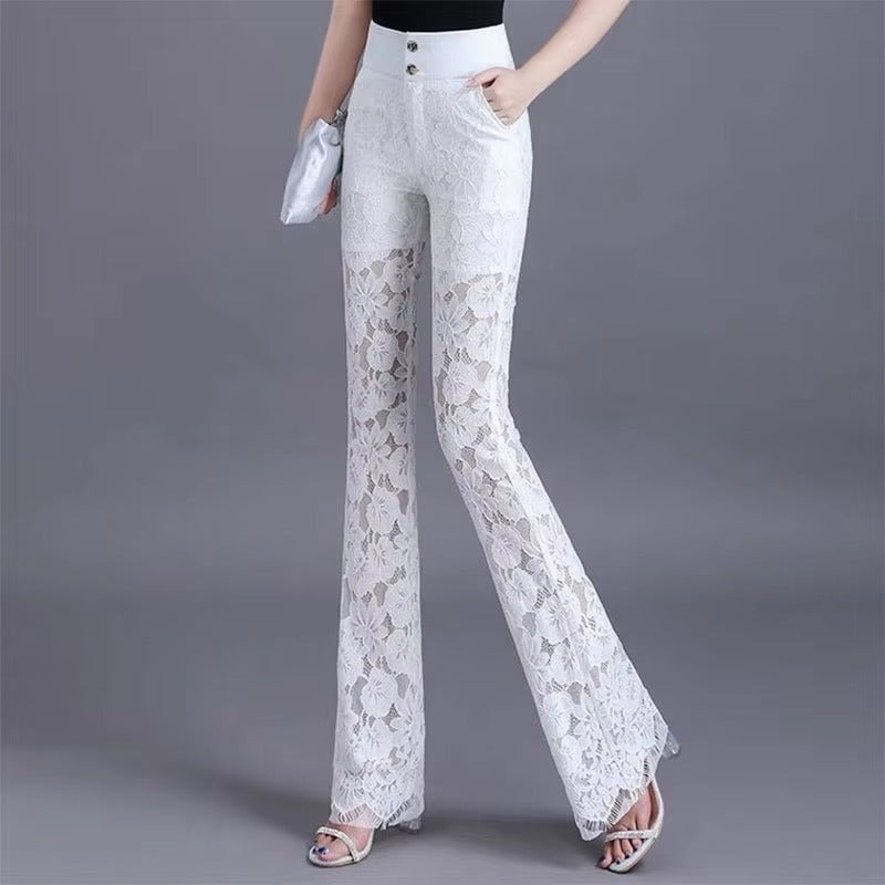 Elegant Lace High Waist Hollow Out Thin Flare Pants Mssza