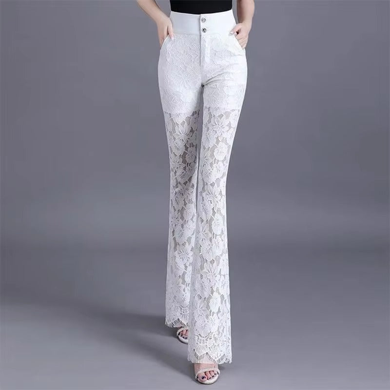 Elegant Lace High Waist Hollow Out Thin Flare Pants Mssza
