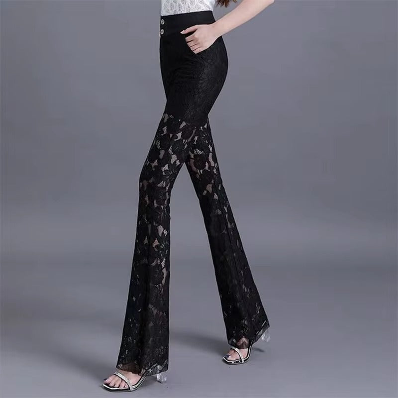 Elegant Lace High Waist Hollow Out Thin Flare Pants Mssza