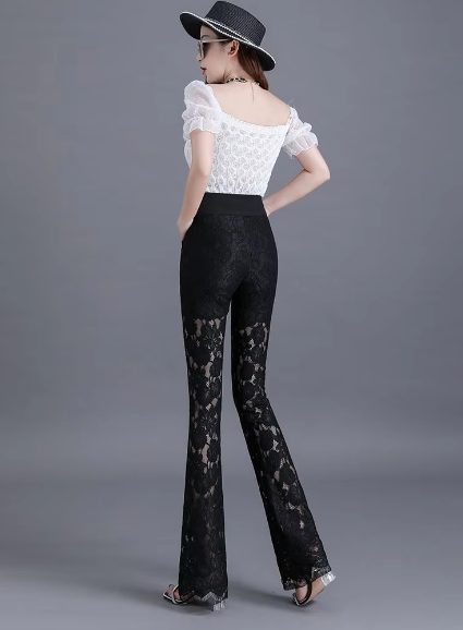 Elegant Lace High Waist Hollow Out Thin Flare Pants Mssza