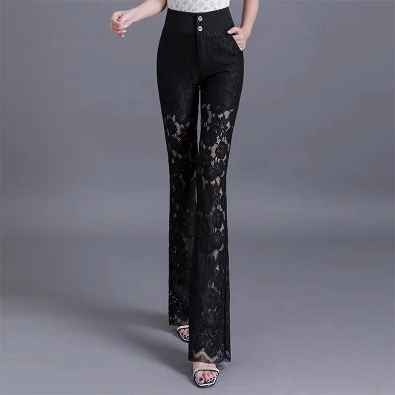 Elegant Lace High Waist Hollow Out Thin Flare Pants Mssza
