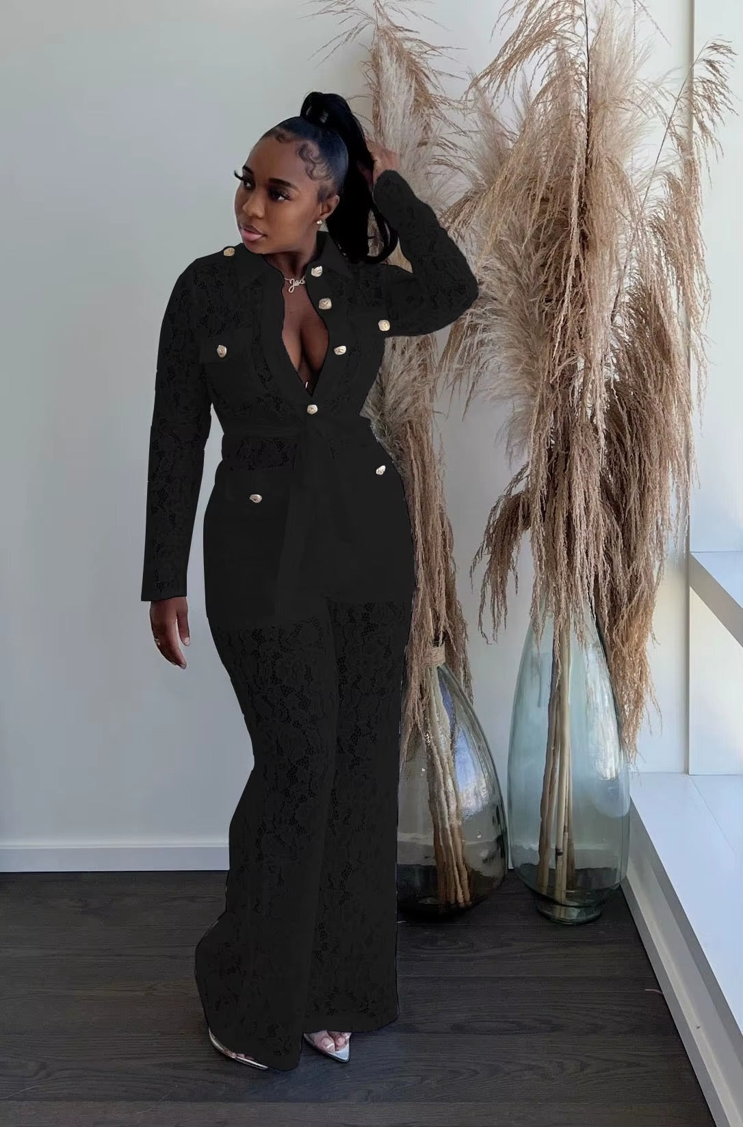Elegant Lace Hook Flower Button Shirt Top Cargo Pants Streetwear Tracksuit Suit Matching Sets Mssza