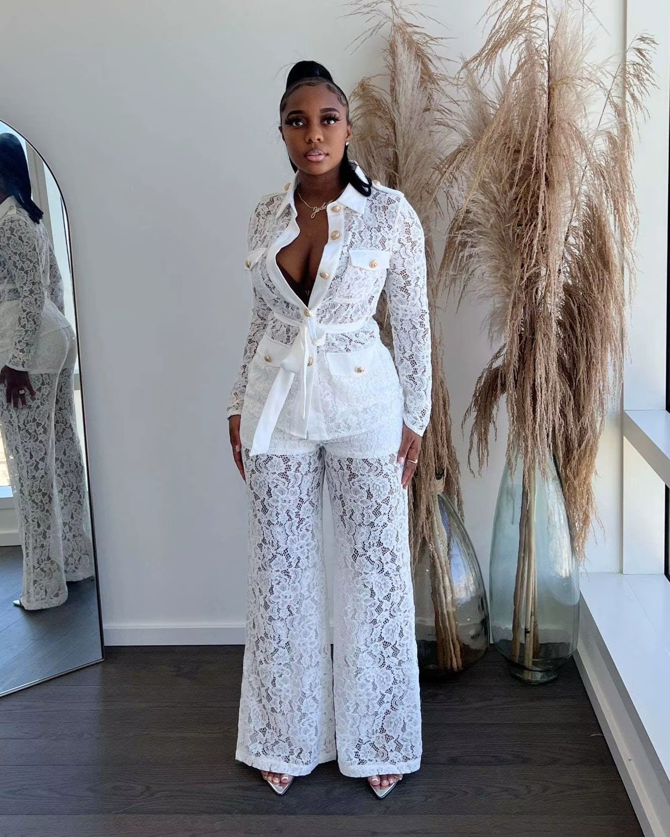 Elegant Lace Hook Flower Button Shirt Top Cargo Pants Streetwear Tracksuit Suit Matching Sets Mssza