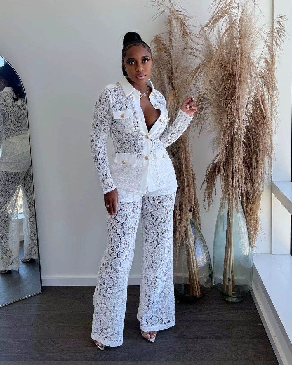 Elegant Lace Hook Flower Button Shirt Top Cargo Pants Streetwear Tracksuit Suit Matching Sets Mssza