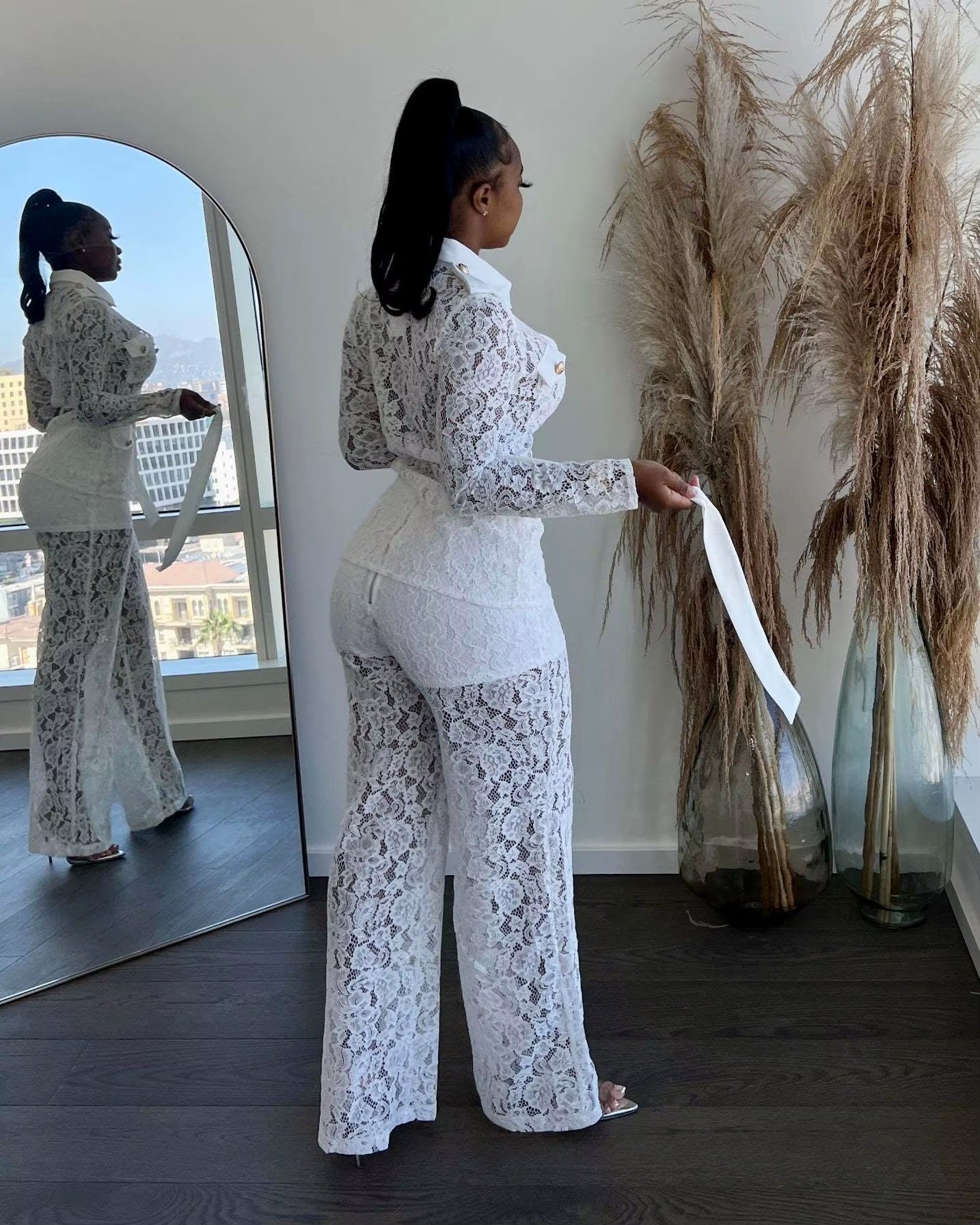 Elegant Lace Hook Flower Button Shirt Top Cargo Pants Streetwear Tracksuit Suit Matching Sets Mssza