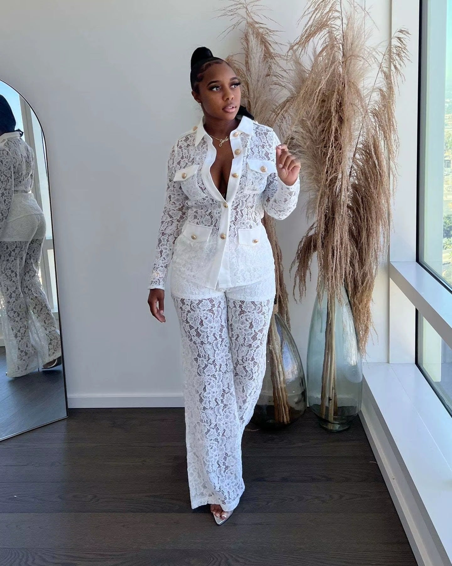 Elegant Lace Hook Flower Button Shirt Top Cargo Pants Streetwear Tracksuit Suit Matching Sets Mssza