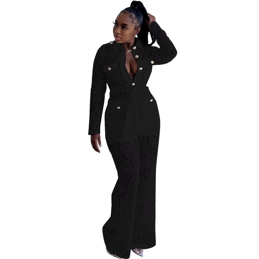 Elegant Lace Hook Flower Button Shirt Top Cargo Pants Streetwear Tracksuit Suit Matching Sets Mssza