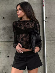 Elegant Lace Long Sleeve Crew Neck Sheer Crop Top T-shirt Mssza