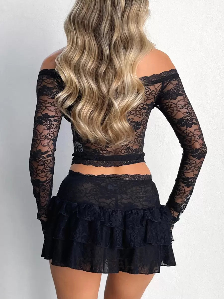 Elegant Lace Long Sleeves Backless Crop Tops Clubwear Two Piece Set Mssza