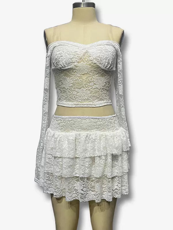 Elegant Lace Long Sleeves Backless Crop Tops Clubwear Two Piece Set Mssza