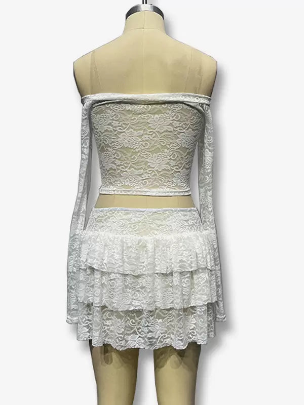 Elegant Lace Long Sleeves Backless Crop Tops Clubwear Two Piece Set Mssza
