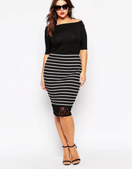 Elegant Lace Panel Stripe Elastic Waist Sheath Pencil Midi Skirt Mssza