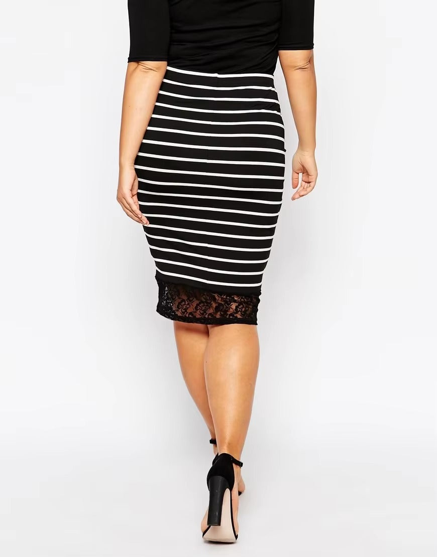 Elegant Lace Panel Stripe Elastic Waist Sheath Pencil Midi Skirt Mssza