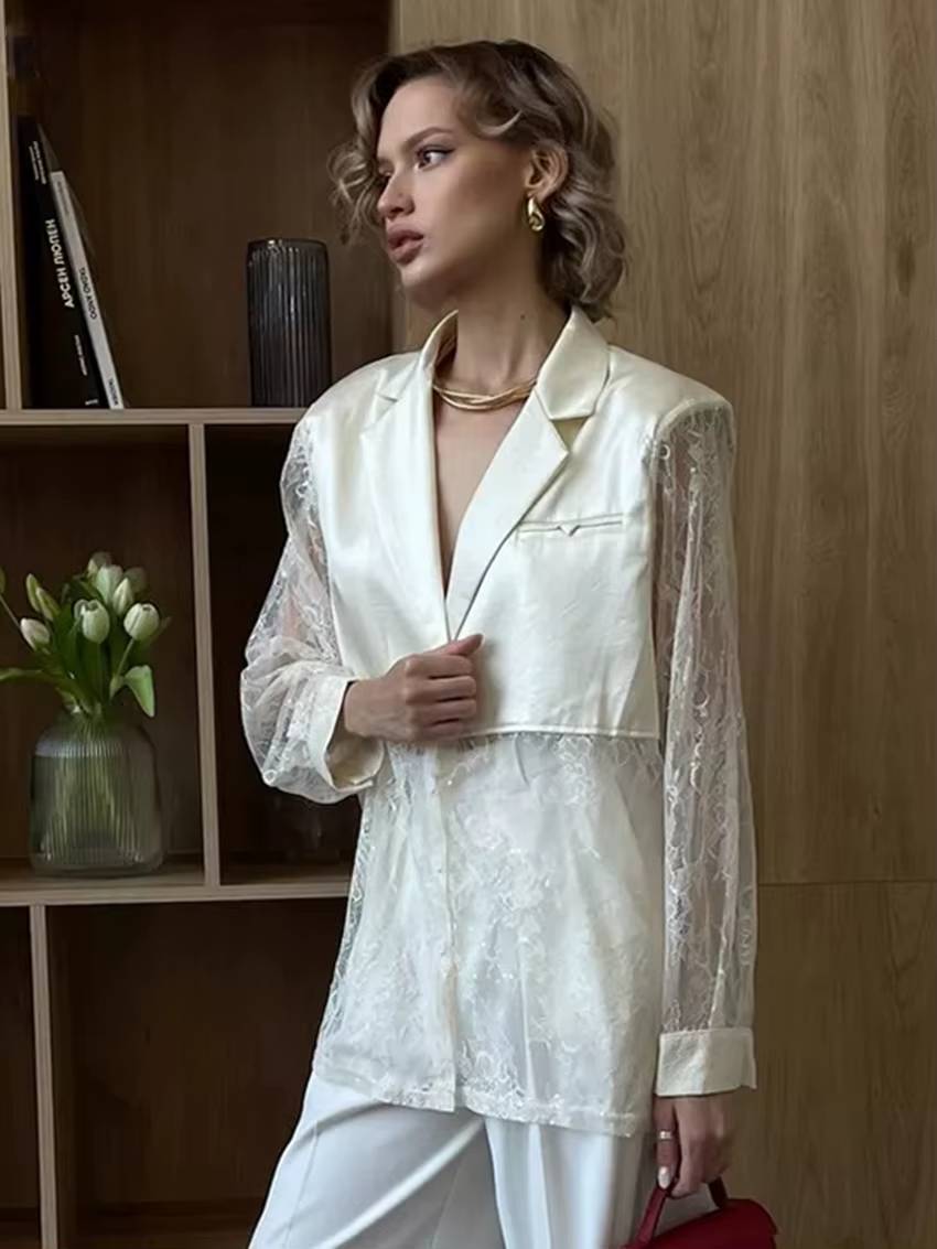 Elegant Lace Single Breasted Loose Lapel Long Sleeve Shirts With Pant 2 Piece Set Mssza