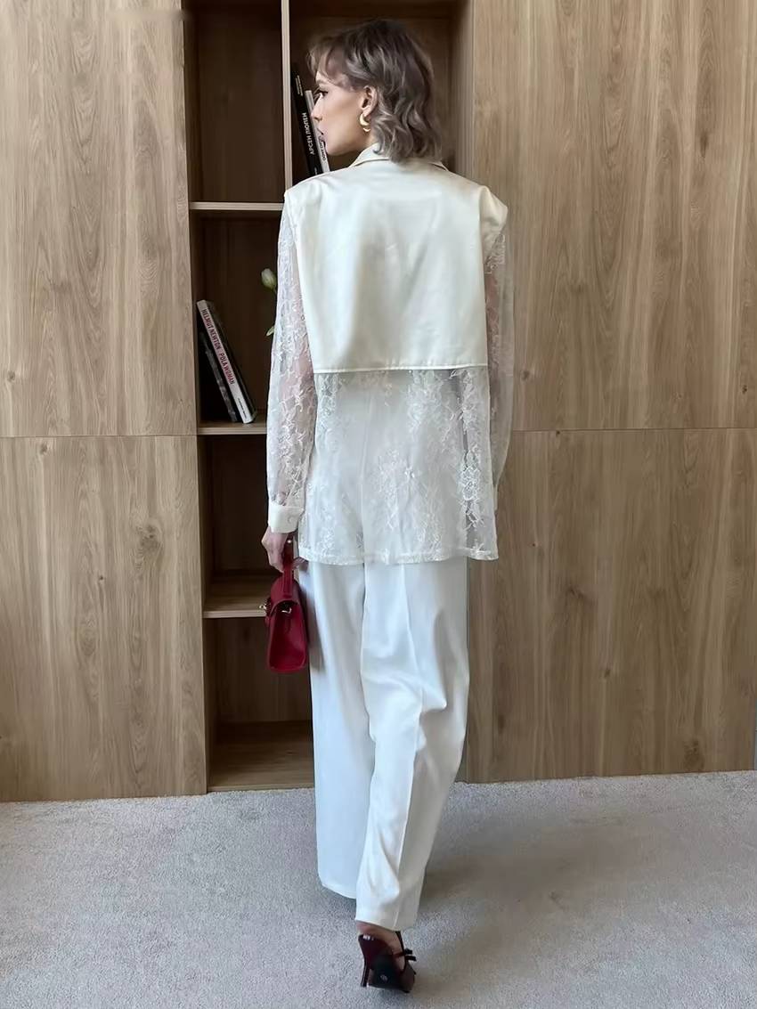 Elegant Lace Single Breasted Loose Lapel Long Sleeve Shirts With Pant 2 Piece Set Mssza