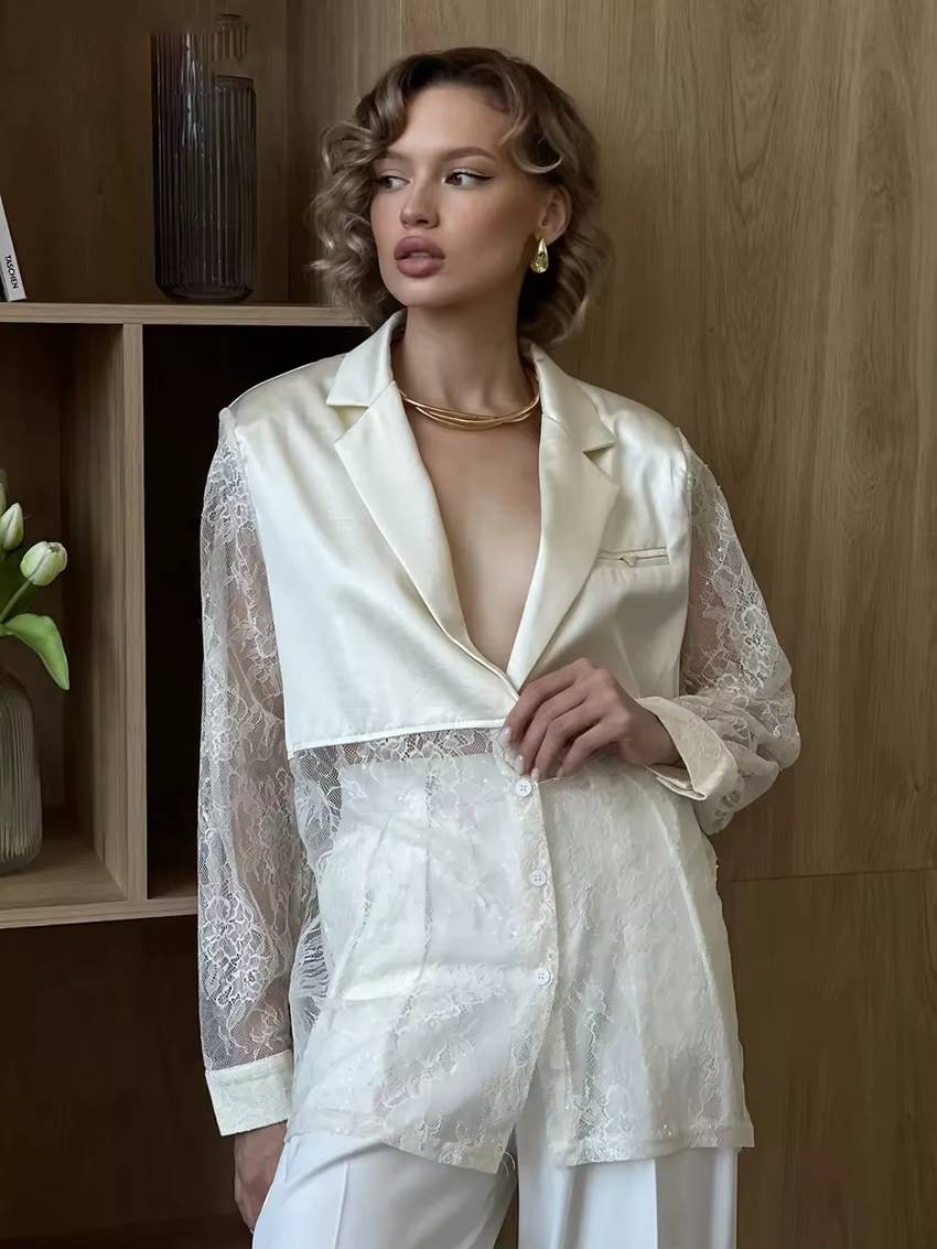 Elegant Lace Single Breasted Loose Lapel Long Sleeve Shirts With Pant 2 Piece Set Mssza