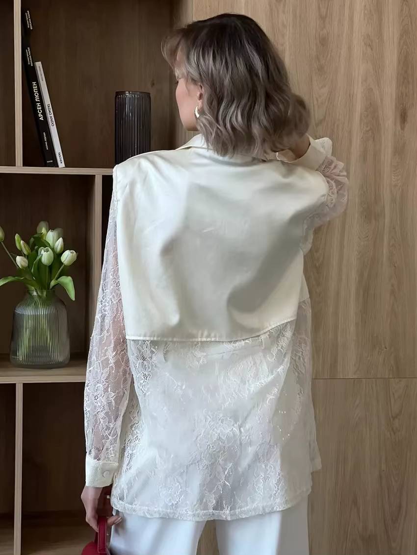 Elegant Lace Single Breasted Loose Lapel Long Sleeve Shirts With Pant 2 Piece Set Mssza