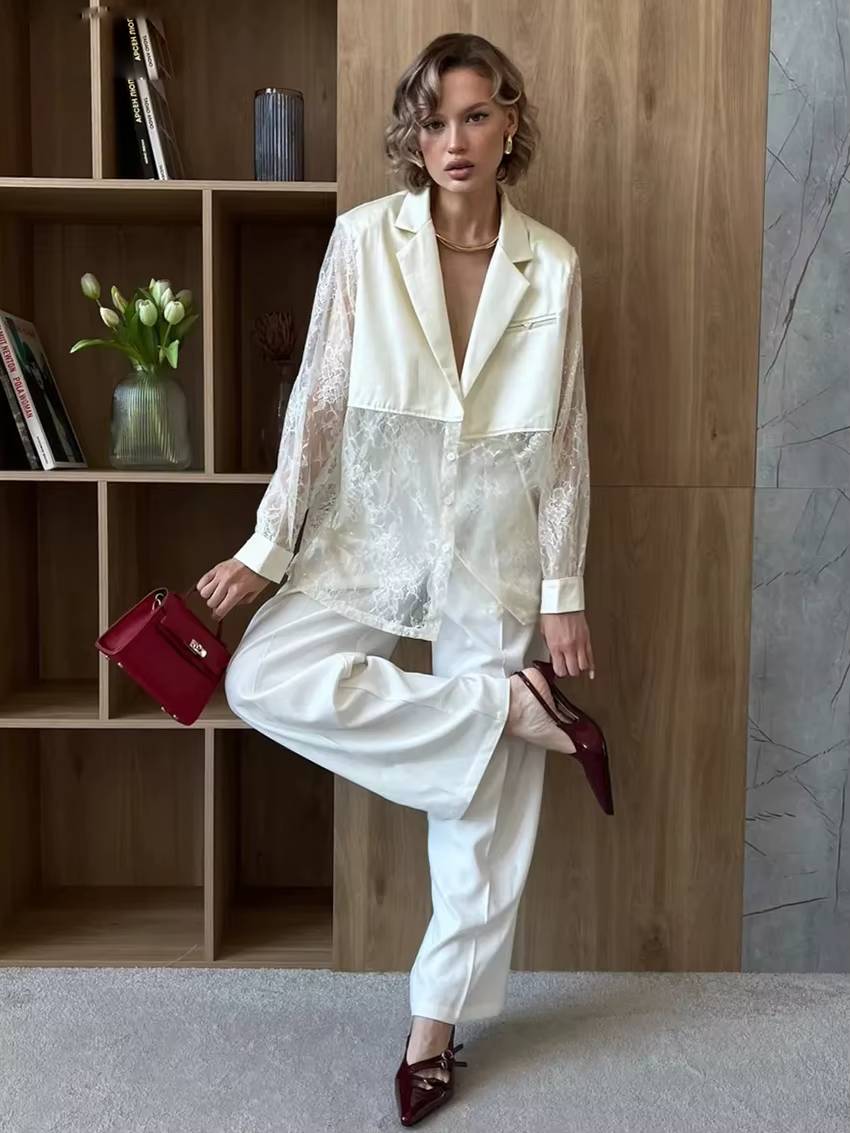 Elegant Lace Single Breasted Loose Lapel Long Sleeve Shirts With Pant 2 Piece Set Mssza