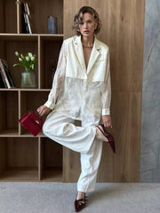 Elegant Lace Single Breasted Loose Lapel Long Sleeve Shirts With Pant 2 Piece Set Mssza