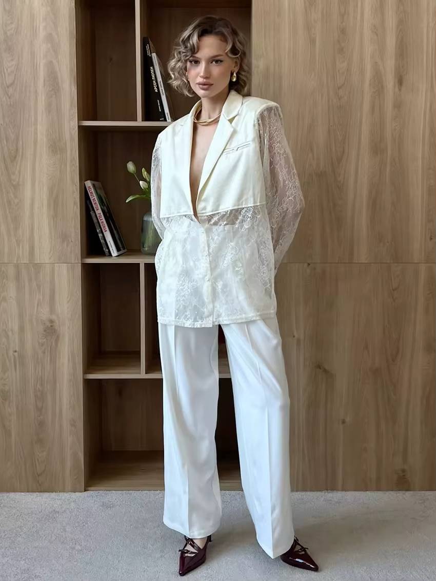 Elegant Lace Single Breasted Loose Lapel Long Sleeve Shirts With Pant 2 Piece Set Mssza