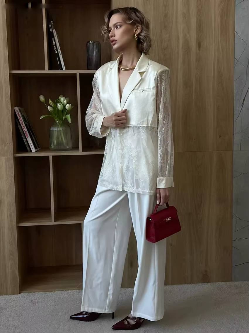 Elegant Lace Single Breasted Loose Lapel Long Sleeve Shirts With Pant 2 Piece Set Mssza