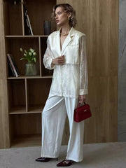 Elegant Lace Single Breasted Loose Lapel Long Sleeve Shirts With Pant 2 Piece Set Mssza
